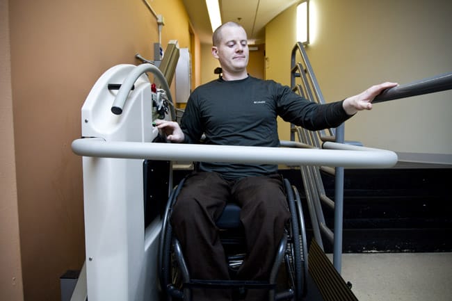 The chair lift on the third floor of Hibbs Hall broke down on Jenson Larrimore four times in one semester. He asked the university to fix the problem so other students with mobility issues could get to class easily. Facilities Management replaced the lift over winter break. Photo by Zoe Dehmer.
